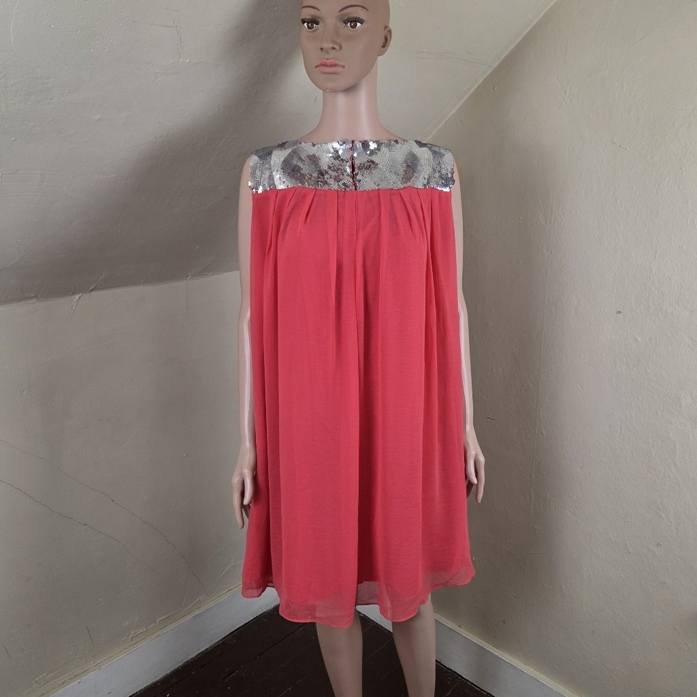 Timeless Naeem Khan XL Coral Sequin Yoke Chiffon Shift Dress NWT Sleeveless